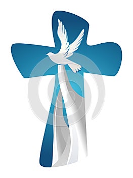 Abstract Holy Spirit symbol with dove on blue background. Christian cross