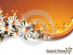 Abstract Honey Background with Working Bees and Spring Flowers