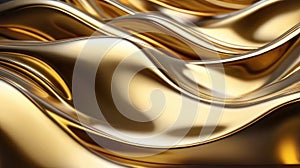 Abstract horizontal background. Gold liquid metal, bends of metal. AI generative
