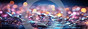 Abstract horizontal background for website header with water drops with bokeh effect. Generative AI