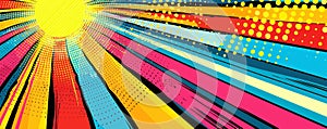 Abstract horizontal pop art banner with bright colorful rays and halftone effect