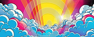 Abstract horizontal pop art banner with white, blue clouds, bright colorful sun rays and halftone effect