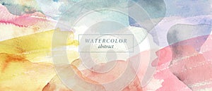 Abstract horizontal watercolor background. Bright colorful hand painted stains in beige, yellow, ivory, pink, blue.