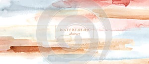 Abstract horizontal watercolor background. Colorful hand painted stains in beige, yellow, ivory, pink, blue, grey