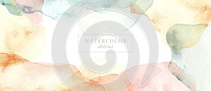 Abstract horizontal watercolor background. Colorful hand painted stains in beige, yellow, ivory, pink, blue, grey