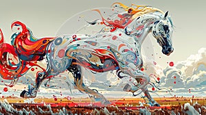 Abstract horse mural on vibrant brick canvas.