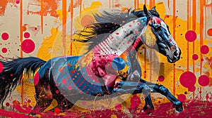 Abstract horse mural on vibrant brick canvas.