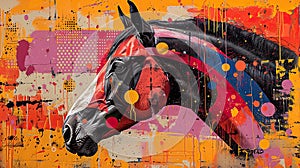 Abstract horse mural on vibrant brick canvas.