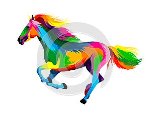 Abstract horse running at a gallop from multicolored paints. Colored drawing