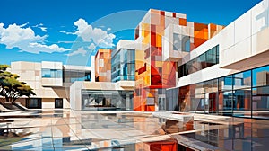 Abstract Hospital Building: stylized, abstract depiction of a modern hospital building with sleek lines and geometric