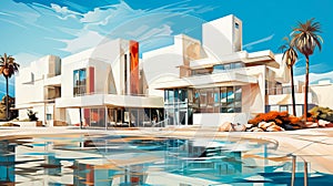 Abstract Hospital Building: stylized, abstract depiction of a modern hospital building with sleek lines and geometric