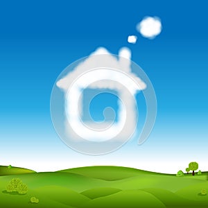 Abstract House From Clouds In Blue Sky And Green Landscape