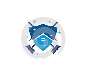 abstract house inside shield with crossed mop vector logo design for housekeeping and cleaning service