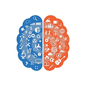 Abstract human brain with the icons of art and science. The concept of work left and right sides of the human brain. Education ico