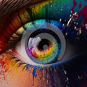 An abstract human eye with a rainbow iris in a mix of rainbow colors. Created with Generative AI
