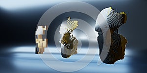 Abstract human face. 3D illustration of a head constructing from cubes. Artificial intelligence concept