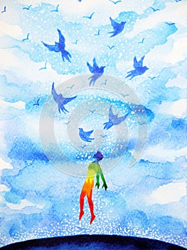Abstract human flying birds spiritual mind in blue cloud sky