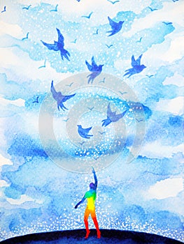 Abstract human flying birds spiritual mind in blue cloud sky