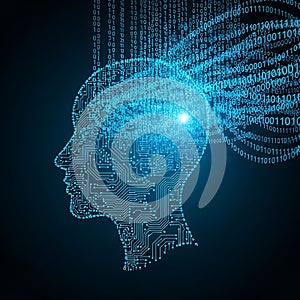 Abstract human head with binary code, isolated on white background