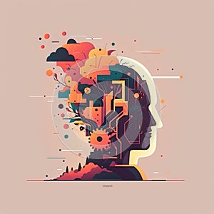 Abstract human head with gears and brain. Artificial intelligence concept. Vector illustration.