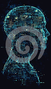 Abstract Human Head Silhouette with Motherboard Pattern and Binary Code, Technology Concept Design