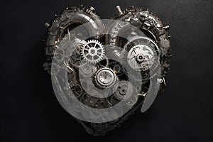 Abstract human heart made from metallic and grungy gears. Generative AI