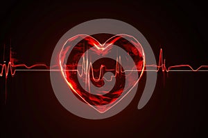 Abstract human heart shape with red cardio pulse line. Creative stylized red heart cardiogram with human heart on black