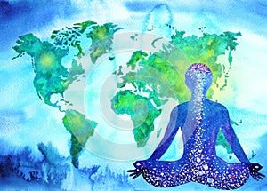 Abstract human meditator chakra universe power world map