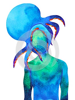 Abstract human octopus head watercolor painting illustration