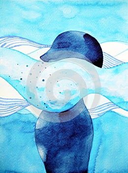 Abstract human sink in the air breathe head watercolor painting