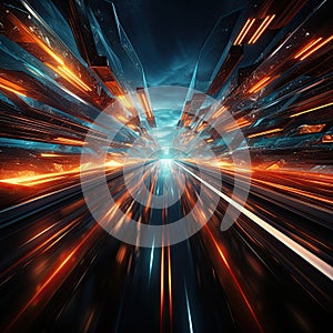 Abstract hyperspace illustration of speed time tunnel with futuristic holographic projections