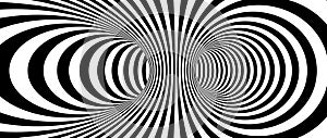 Abstract hypnotic distorted lines background. Black and white vertical tunnel wallpaper. Psychedelic twisted stripes