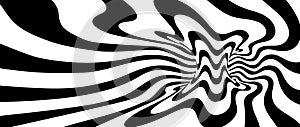 Abstract hypnotic spinning waves background. Black and white line tunnel wallpaper. Psychedelic twisted stripes pattern