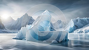Abstract Ice background with podium, iceberg in ocean, cold winter, snow and ice, platform