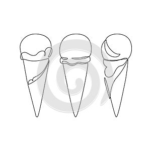 Abstract ice cream cone continuous one line drawing set isolated on white background