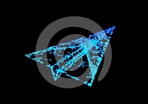 Abstract icon of paper airplane with network connection lines isolated on black background in technology or travel concept. Mock