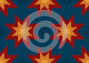 abstract ikat ethnic seamless pattern, geometric shape red and yellow on blue background, design templates for wallpaper, carpet,