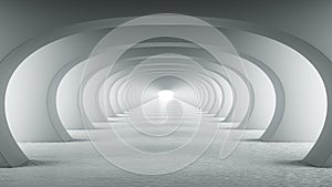 Abstract illuminated empty white corridor with round arches