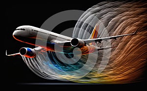 Abstract illustration of an airliner aircraft with colorful waves of colors and wake turbulence streamlines. Abstract aerodynamics photo
