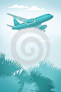 Abstract illustration airplane flying over tropical trees