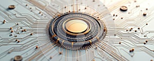Abstract illustration of Artificial Intelligence tech. Circuit board, processor, AI chip, data flow, tech design, connection