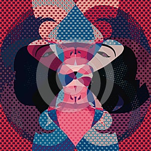 Abstract illustration of an Asian woman in varying head positions. Secretary in Texture Pop Art.
