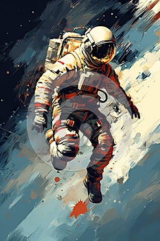 abstract illustration of astronaut floating in outer space, dreamlike cosmonaut in space suit flying on clouds of cosmos