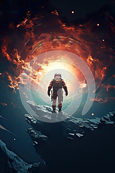 abstract illustration of astronaut floating in outer space, dreamlike cosmonaut in space suit flying on clouds of cosmos