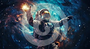 abstract illustration of astronaut floating in outer space, dreamlike cosmonaut in space suit flying on clouds of cosmos