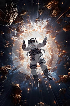 abstract illustration of astronaut floating in outer space, dreamlike cosmonaut in space suit flying on clouds of cosmos