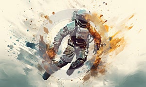 abstract illustration of astronaut floating in outer space, dreamlike cosmonaut in space suit flying on clouds of cosmos