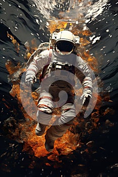 abstract illustration of astronaut floating in outer space, dreamlike cosmonaut in space suit flying on clouds of cosmos