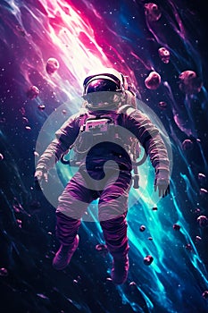 abstract illustration of astronaut floating in outer space, dreamlike cosmonaut in space suit flying on purple clouds of