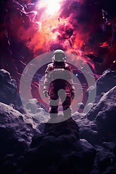 abstract illustration of astronaut floating in outer space, dreamlike cosmonaut in space suit flying on purple clouds of